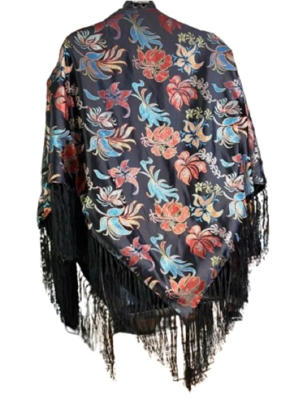 black floral embroidered silk like boho shawl featuring long fringe trim